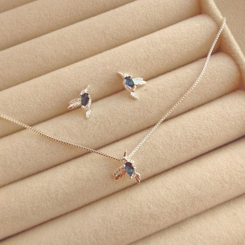CONJUNTO G EM PRATA BEIJA FLOR- AZUL - CJ072614