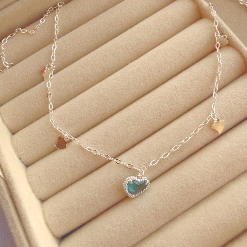 COLAR EM PRATA  CORACAO- AZUL - CL072606