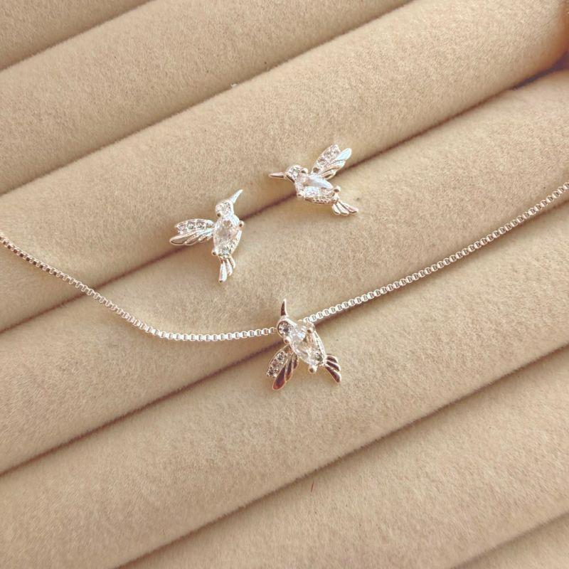 CONJUNTO G EM PRATA BEIJA FLOR - CRISTAL - CJ072614