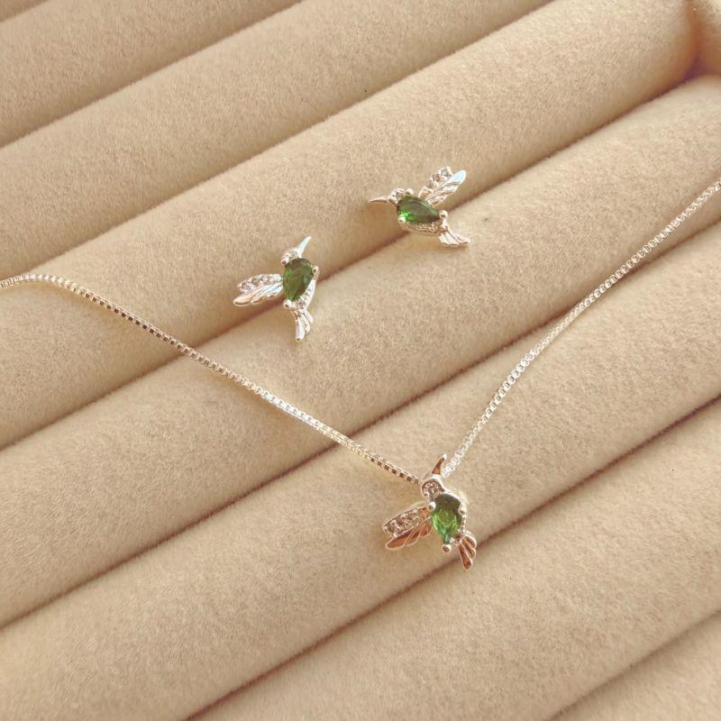 CONJUNTO G EM PRATA  BEIJA FLOR- VERDE - CJ072614